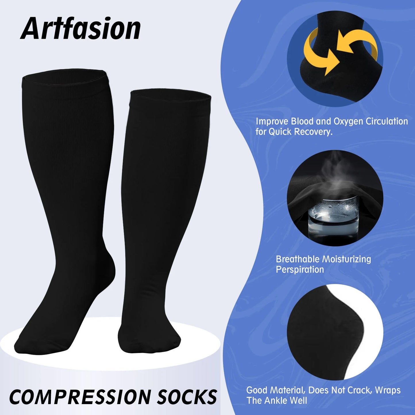 Compression Socks for Women, 3 Pairs Medical Compression Socks, Circulation 20-30 Mmhg Light Knee High Stockings for Men and Women - Best Support for Running, Nursing,Black, 2XL