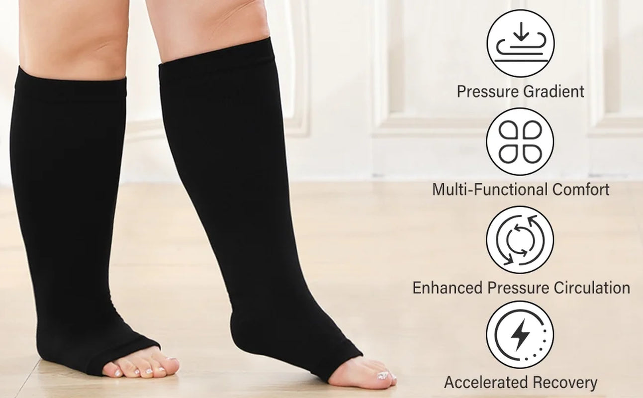 Open Toe Compression Socks Women, Compression Socks for Women and Men - 2 Pairs of 20-30 Mmhg Knee High Stockings, plus Size Toeless Compression Socks for Women Wide Calf, Black, 3XL