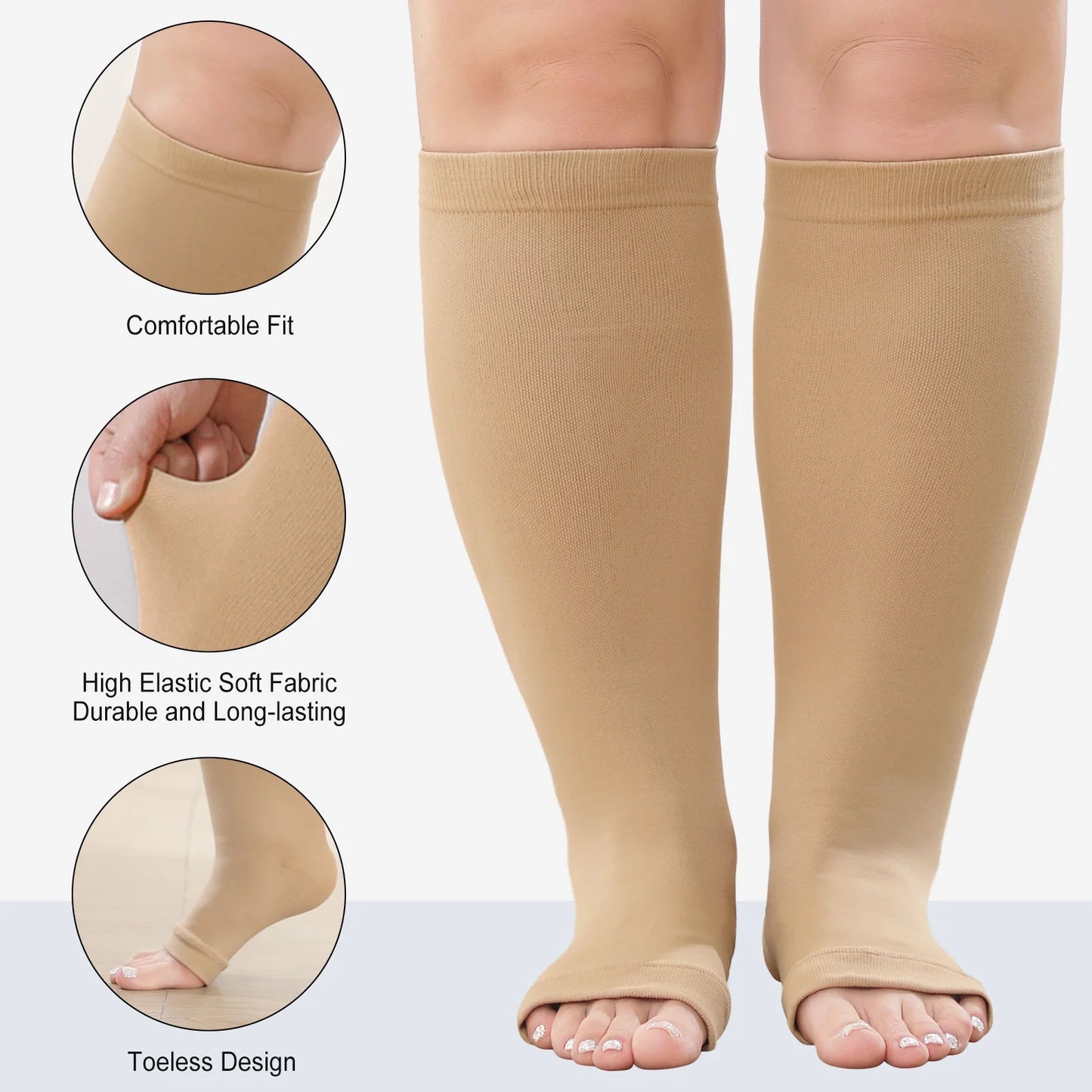 Open Toe Compression Socks Women, Compression Socks for Women and Men - 2 Pairs of 20-30 Mmhg Knee High Stockings, plus Size Toeless Compression Socks for Women Wide Calf, Black, 3XL