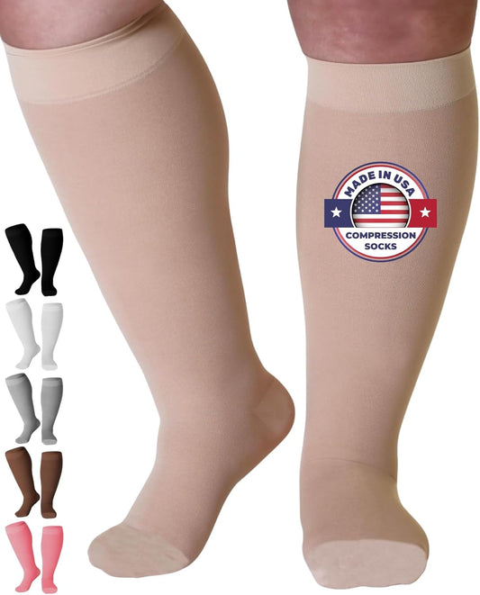for Women and Men 20-30Mmhg Wide Calf - plus Size Opaque Compression Support Stockings for Nursing, Varicose Veins Circulation - Beige, 3X-Large - AB201
