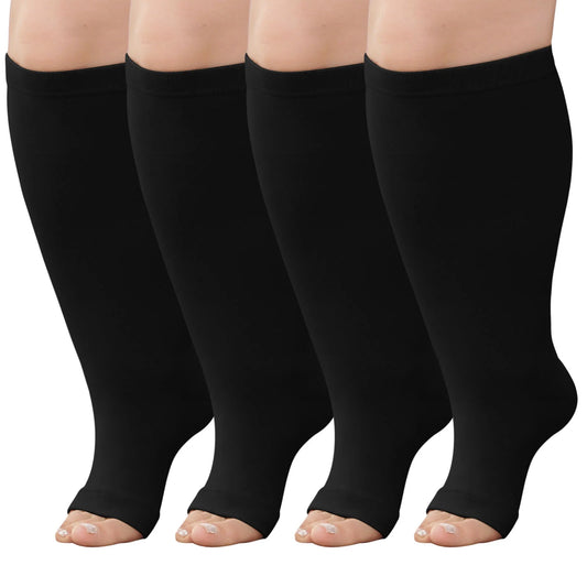 Open Toe Compression Socks Women,  Compression Socks for Women and Men - 2 Pairs of 20-30 Mmhg Knee High Stockings, plus Size Toeless Compression Socks for Women Wide Calf, Black, 3XL