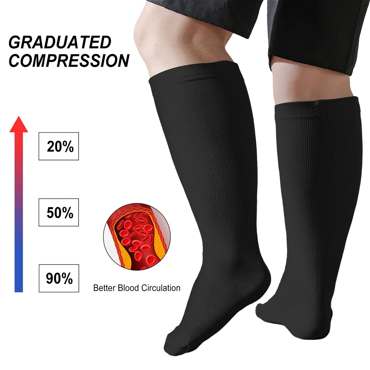 Compression Socks for Women,  3 Pairs Medical Compression Socks, Circulation 20-30 Mmhg Light Knee High Stockings for Men and Women - Best Support for Running, Nursing,Black, 2XL